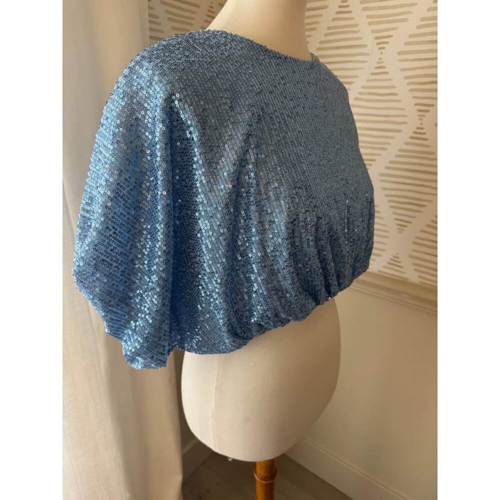 Endless Rose Women’s Small Blue Sequin Cropped Puffed Sleeve Top - Picture 7 of 7